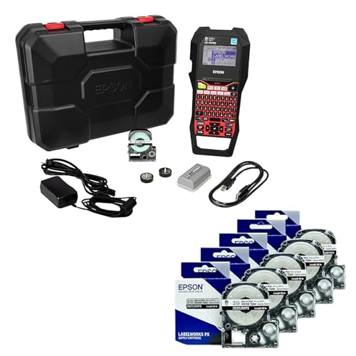 Epson LABELWORKS LW-PX700PCD Industrial Label Maker Kit & 5 Unit Case Pack Black on White Shrink Tube Industrial Label Maker Tape