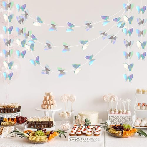 Image of BEISHIDA 5 Pieces Iridescent 3D Butterfly Paper Garland Hanging Decorative Banner for Home Ceiling Decor Birthday Party Baby Shower Wedding Theme Showcase Decoration Supplies Total 393 Inch Length