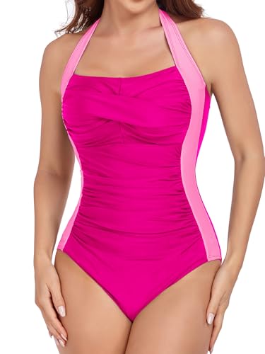 Image of Smismivo Tummy Control Swimwear Halter One Piece Slimming Vintage Retro Swimsuit Womens Ruched Push Up Bathing Suit