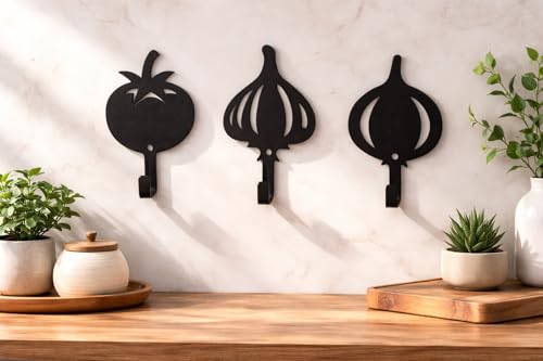 Image of Kitchen Wall Hooks Set of 3 | Heavy Duty Metal Wall Hooks | Matte Black Powder Coated | Decorative Key Holder & Towel Hanger for Kitchen & Home Decor