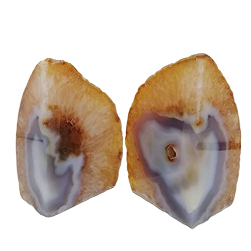 Natural Agate Geode Bookends Pair - 2-3 lbs Heavy Duty Small Crystal Bookends for Shelves | Non-Slip Decorative Book Ends for Heavy Books | Home Office Decor