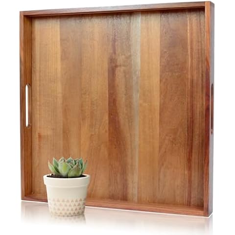 OurMiao Acacia Wood Ottoman Tray 20 Inches, Extra Large Wooden Serving Tray with Handles for Serving Food Breakfast, Square Decorative Wood Tray for Living Room Coffee Table Couch Kitchen Cover