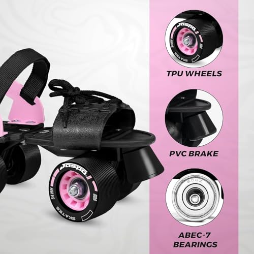 Image of JASPO Razor Adjustable Roller Skates | Unique Ankle Support | 61mm PU Wheels | Anti-Skid Surface | Lightweight | Quad Skates for Kids & Adults (Size 25-31 cm, Age 8+)