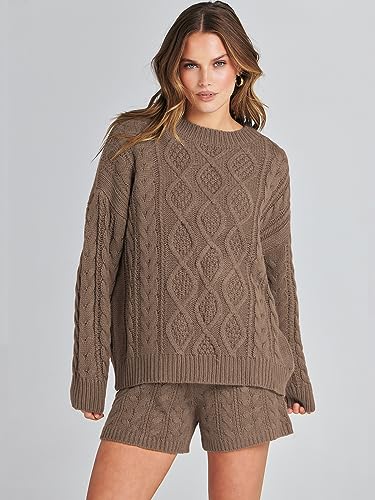ANRABESS Two Piece Sets for Women Sweater Shorts Sets Chunky Knit 2 Piece Lounge Loungewear Pajamas Matching Set 2023 Fall Winter Airport Travel Vacation Trendy Fashion Clothing 1131qianka-S Brown