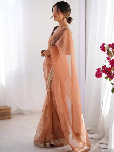 Image of AKHILAM Women's Shimmer Net Solid Saree With Unstitched Blouse Piece
