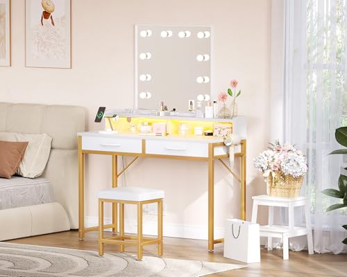 Image of AODK Vanity Desk with LED Lights, White Small Makeup Table for Small Space with 2 Fabric Drawers, Desk Make Up Vanity for Girls