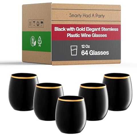 Smarty Had A Party 12 oz Wine Glasses – 48 Pack Black with Gold Stemless Unbreakable Plastic Wine Glasses, Disposable or Reusable for Parties, Weddings, Events Cover
