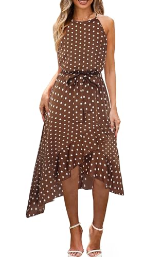 ECOWISH Polka Dot Women Summer Dress Midi A Line Ruffle High Low Sleeveless Boho Floral Halterneck Cocktail Tie Knot Sundress Coffee Medium