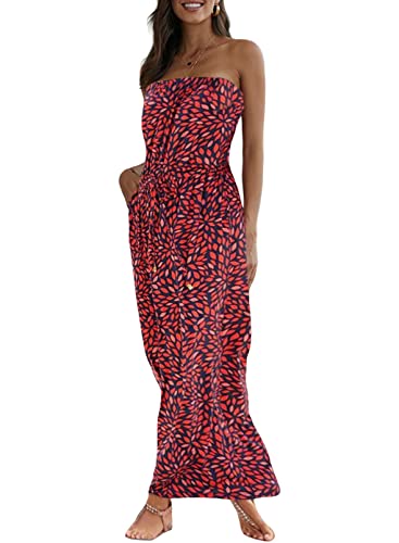 Modasua Damen Boho Kleid Sommerkleid Lang Elegant Freizeitkleid Trägerlos Kleid Maxikleid Ärmellos Party Strandkleid CocktailKleid,Rot,m Cover