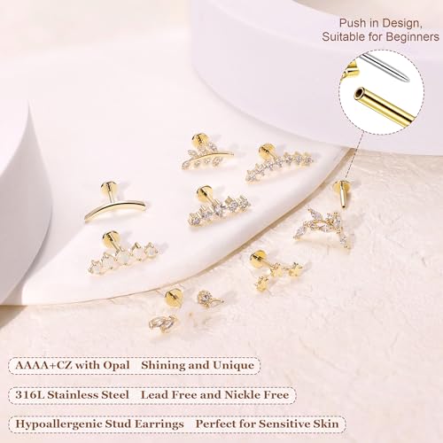 8PCS 16G 14K Gold Threadless Cartilage Stud Earrings for Women 316L Stainless Steel Push in Earrings CZ Helix Flat Back Stud Earrings Hypoallergenic Flower Star Leaf Conch Earrings 6/8mm3