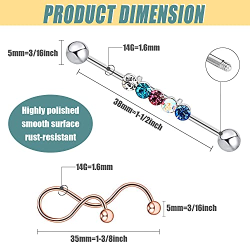 Bodyace 14G Crystal Long Industrial Earrings, Surgical Steel Industrial Bar Piercing Jewelry, Flexible Cartilage Earring Helix Conch Piercing Jewelry For Men Women 1 1/2"(38Mm) (C:20Pcs) #TOP1