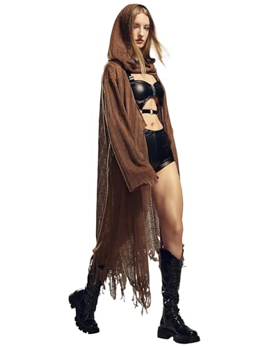 miccostumes Women's Knit Cardigan Open Front Long Sleeve Wasteland Style Casual Irregular Hem Hooded Coat