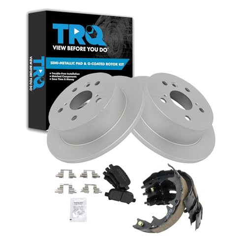Image of TRQ Rear Brake Pad and Rotor Set Semi Metallic G Coated Rotors Parking Shoe Compatible with 2005-2007 Toyota Avalon 2002-2006 Camry 2004-2008 Solara