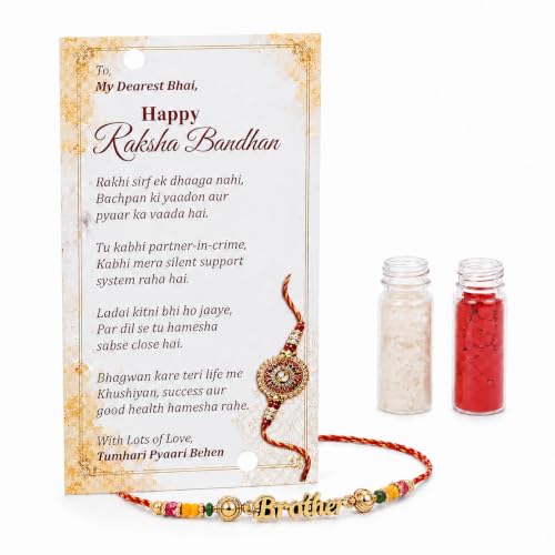 Image of Brother Designer Rakhi Set with Roli Chawal Pack Tilak Kit & Greeting Card