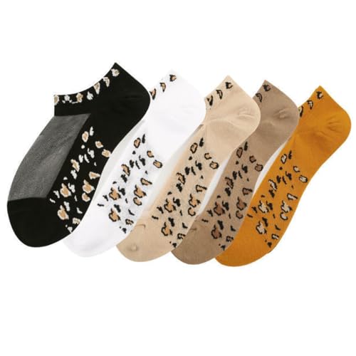 Image of Women Sheer Mesh Ankle Socks Thin Nylon Transparent Novelty Leopard Sock 5 Pack for Girls