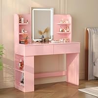Devoko Dressing Table with LED Lighting Mirror,3 Light Colors,Adjustable Brightness,108 x 40 x 136cm,Vanity Table,Makeup Desk with 2 Drawers and 4 Storage Shelves,Pink