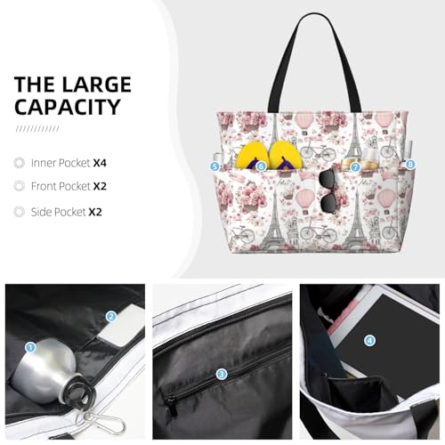 Large Beach Bags for Women Sandproof - Pink Hot Air Balloon Flower Print Summer Travel Work Tote Bags with Zipper3
