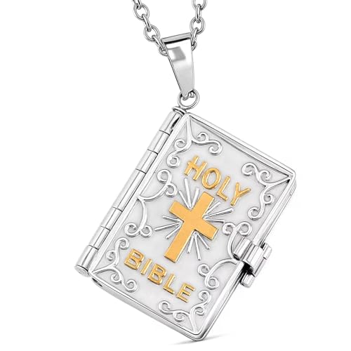 SHOP LC DELIVERING JOY Cross Necklace for Women - Openable Holy Bible Pendant Metal Pages - Bible Necklace for Women Stainless Steel Religious Jewelry Birthday Christian Gifts for Womens 24