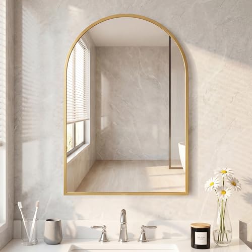 Image of NEWBULIG 22 inchx30 inch Arched Wall Mirror, Bathroom Mirrors for Over Sink, Gold | Matte Metal Framed Vanity Mirror with Tempered Glass, Entryway, Living Room, Bedroom
