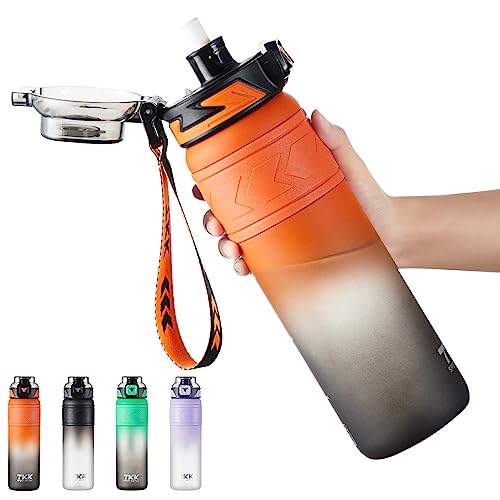 TKK Sports Water Bottles with Removable Straw 34 oz Leak-proof Flip Top Lid BPA Free Tritan Bottles with Strap for School, Fitness, Gym, Outdoor, Orange-Black