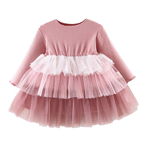 Youmymine Toddler Baby Girls Long Sleeve Dresses Fashion Ruffles Tulle Patchwork Autumn Casual Princess Dress (12-18Months, Pink)