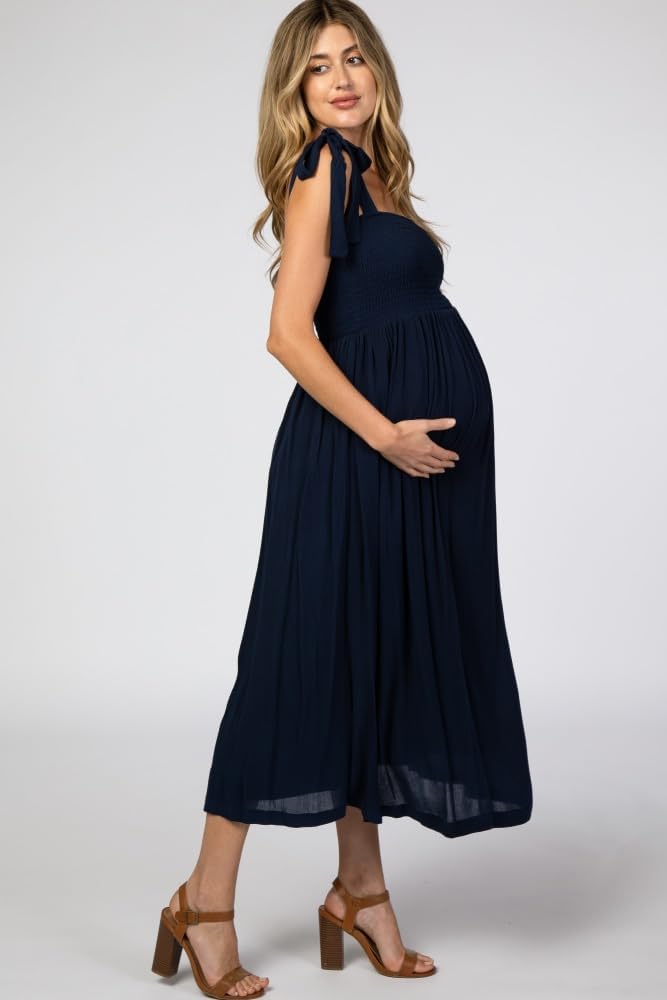 PinkBlush Smocked Tie Strap Maternity Midi Dress