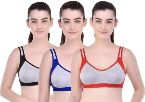 BRUCHI CLUB Women Sports Bra Non Padded Cotton Full Coverage Bra for Gym, Workout,Yoga Antimicrobial & Anti Bacterial Slip On Stretch Sporta Bra for Women (Size 40) Multicolour
