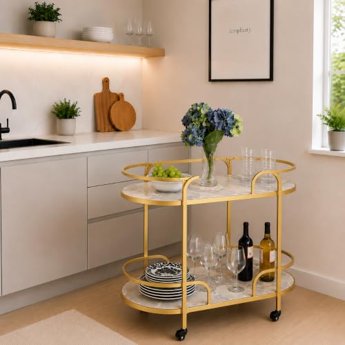 Image of Modern 2-Tier Bar Cart with Marble Tops & Metal Frame - Rolling Serving Coffee Table with Wheels, Storage Shelf for Living Room, Kitchen & Dining Room (Golden Grey)