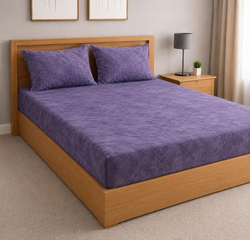 Image of Warm Flannel (Flano) King Size Winter Fitted Bedsheet | All Side Elastic Premium Winter Soft Velvet Furnishing Bed Sheet with 2 Big Pillow Cover Size - 72 x 78 X 8 Inches Solid Lavender
