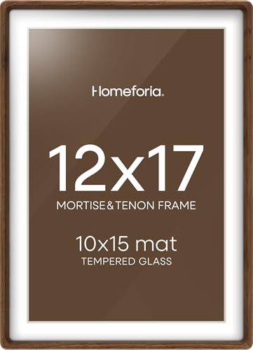 Homeforia 12x17 Picture Frame Brown Wood Mortise & Tenon Walnut 12x17 Poster Frames with Mat 10x15 for Wall 12 by 17 Dark Wooden Frames Matted to 10 x 15 inch Art Tempered Glass Wall Kit Set of 1