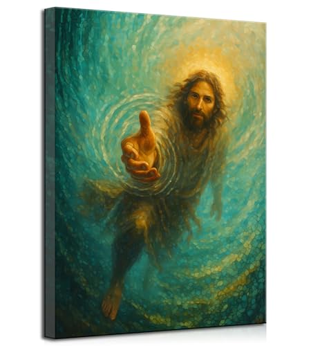 Christian Hand of God's Canvas Wall Art Jesus Reaching Out in Water Bible Story Paintings Picture Wall Decor Poster Print Artwork for Office Bedroom Church Home Decoration