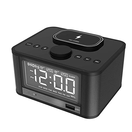 Wecker Bluetooth-Lautsprecher am Bett Fm Radio Ticking mit USB-Ladegerät und kabellosem Qi-Laden, 3-stufiges digital dimmbares LED-Display,