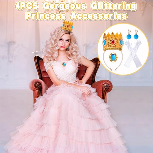 Goenb Princesa Peach Disfraz Accesorios, 4 Piezas Juego De Princesa Peach Corona Pendientes Guantes Broche Vestido Para Mujeres Para Carnaval Halloween Cosplay Vestir Fiesta de Cumpleaños - imagen 6