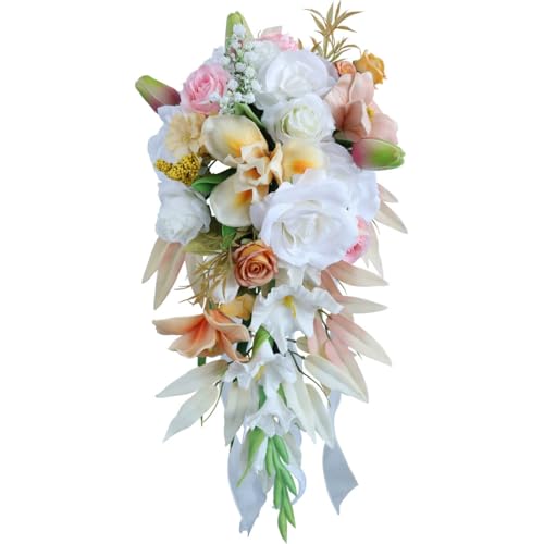 Bouquets de mariée artificiels romantiques en forme de goutte d'eau pour mariée et demoiselle d'honneur – Long bouquet pour anniversaire, mariage, centre de table (blanc orange)