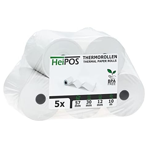 HeiGroup HeiPOS 5x Thermorollen BPA frei (B/Ø) 57mm / 30mm - Länge 10m, Kern Ø 12mm, Flächengewicht 52 g/m2, Dicke 60 μm, 10 Jahre Haltbarkeit Cover