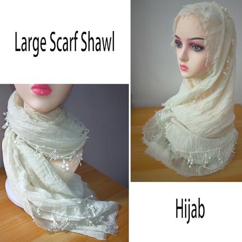 Women Cotton Blend Crinkle Vintage Soft Scarf with Floral Tassles Light Soft Scarf Beach Shawl Wrap4