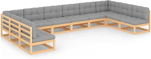 vidaXL Juego de 10 piezas para patio con cojines, madera de pino maciza rústica con cómodos cojines de tela de poliéster gris, asientos versátiles,