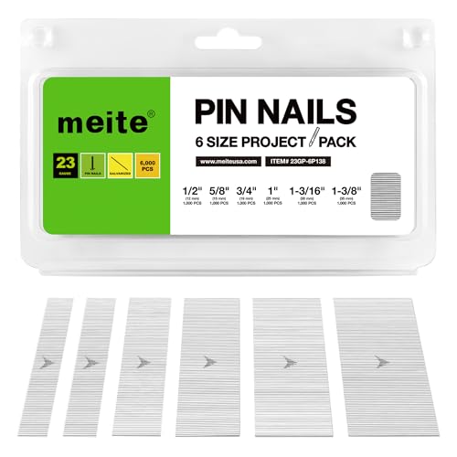 meite 23 Gauge Pin Nails, Assorted 6 Sizes (1/2", 5/8", 3/4", 1", 1-3/16", 1-3/8") Micro Headless Piner Nails - Galvanized 23GA Pins Nails for Nail Gun, Ideal for Trim Work (6,000 Counts)