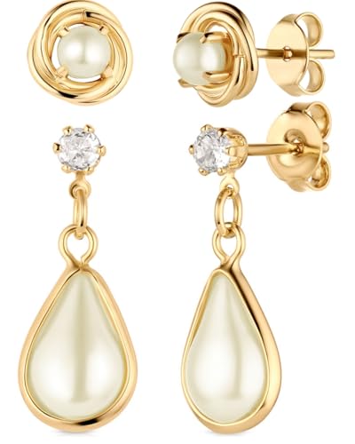 18K Gold Plated Pearl Earrings Set – Hypoallergenic, Jewelry Gift for Women, Tarnish Resistant, Teardrop Dangle with Cubic Zirconia and Knot Stud Earrings