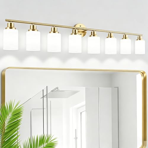 Image of 8-Light Vanity Lights, Brushed Gold Bathroom Light Fixture with Striped Textured Milky White Glass Shade, Modern Vanity Lighting Fixture for Bathroom Wall Light Over Mirror, E26 Wall Sconce