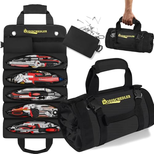 MODISCHEDLER Tool Roll Bag, Expanded 5 Compartments and 2 Removable Tool Bags, Portable Tool Bag for Electricians and Mechanics, Compact Small Automotive Tool Bag, Black
