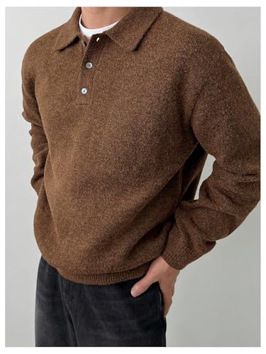 OYOANGLE Men's Button Front Collared Neck Pullover Sweater Drop Shoulder Solid Casual Knit Tops3