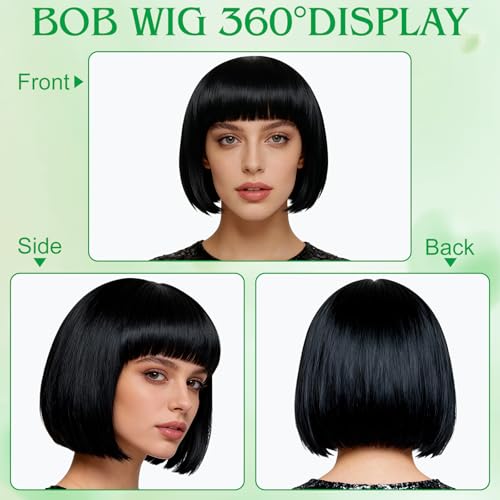 Image of MEEZY 2 Pcs Neon Bob Wigs with Bang Black Green for Women, Colorful Fun Wig Short Bob Hair with Heart Sunglasses Hair Cap for Halloween Costume Cosplay Photography Birthday Bachelorette Party Carnival