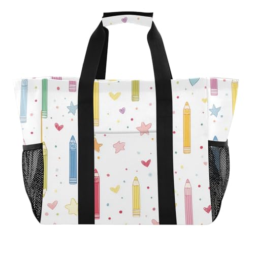 Colorful Pencils and Crayons Pattern Beach Tote Pool Bags for Women Ladies Large Waterproof Gym Tote Carry On Bag for Weekender Swim Gym Shopping Travel Daily Bag