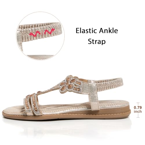 Image of iCKER Womens Rhinestone Strappy Flat Sandals Elastic Ankle Strap Open‑Toe
