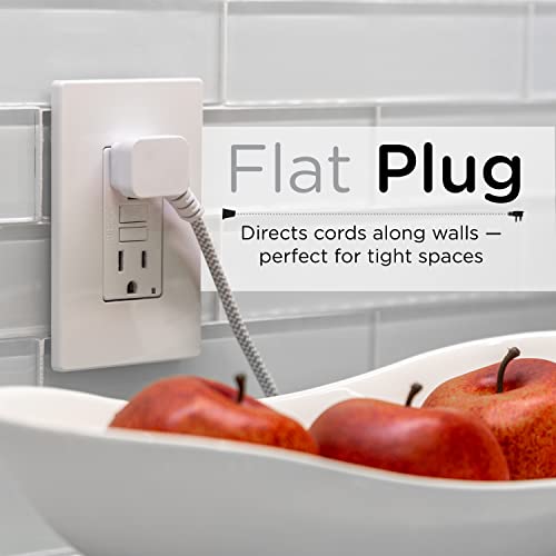 Cordinate Designer 3-Outlet Extension Cord, 2 Prong Power Strip, Extra Long 15 Ft Cable With Flat Plug, Braided Chevron Fabric Cord, Slide-To-Close Safety Outlets, White/Gray, 43431 #TOP4