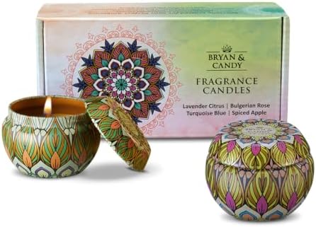 Bryan & Candy Scented Candles Gift Set for Women & Men| 60gm Each Soy Wax Eco-Friendly Printed Tin, Pack of 2 (Turquoise Blue | Spiced Apple)
