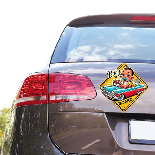 Image of SIGNS THAT POP Baby On Board Signs, Car Essentials - Baby On Board Sticker - 5 inch x 5 inch - Cute - Cartoon Safety Signs - Non Magnet - Durable Strong Adhesive (Classic Car)