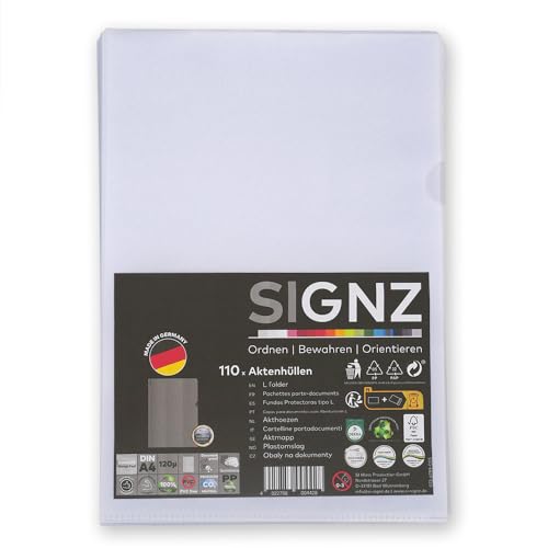 SIGNZ Aktenhüllen (DIN A4, extra starke 120 my), 110 Stück, genarbt, CO2-neutral hergestellt, made in Germany