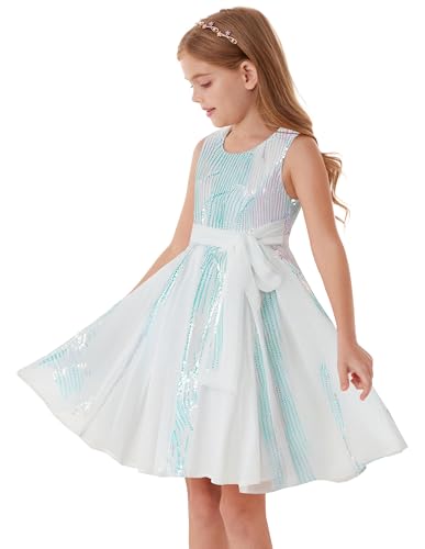 Image of GRACE KARIN Girls Sparkling Sequin Princess Dress Birthday Party Gown Summer Flower Girl Special Occasion Dress Festival Outfit White 12-14 Years